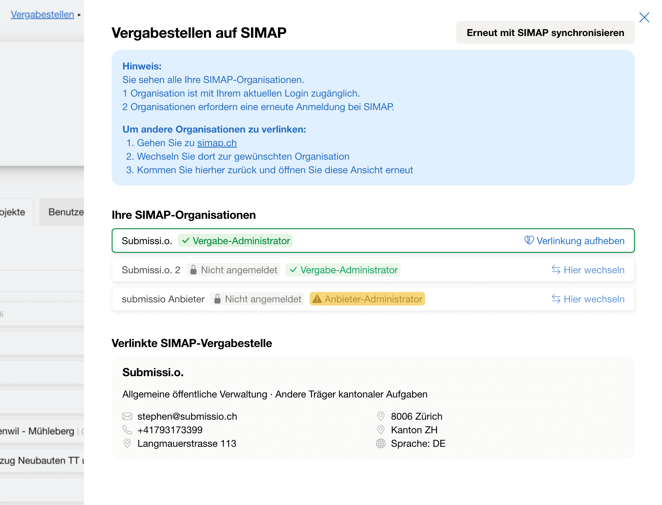 SIMAP-Integration: Slideover und Organisationswechsel